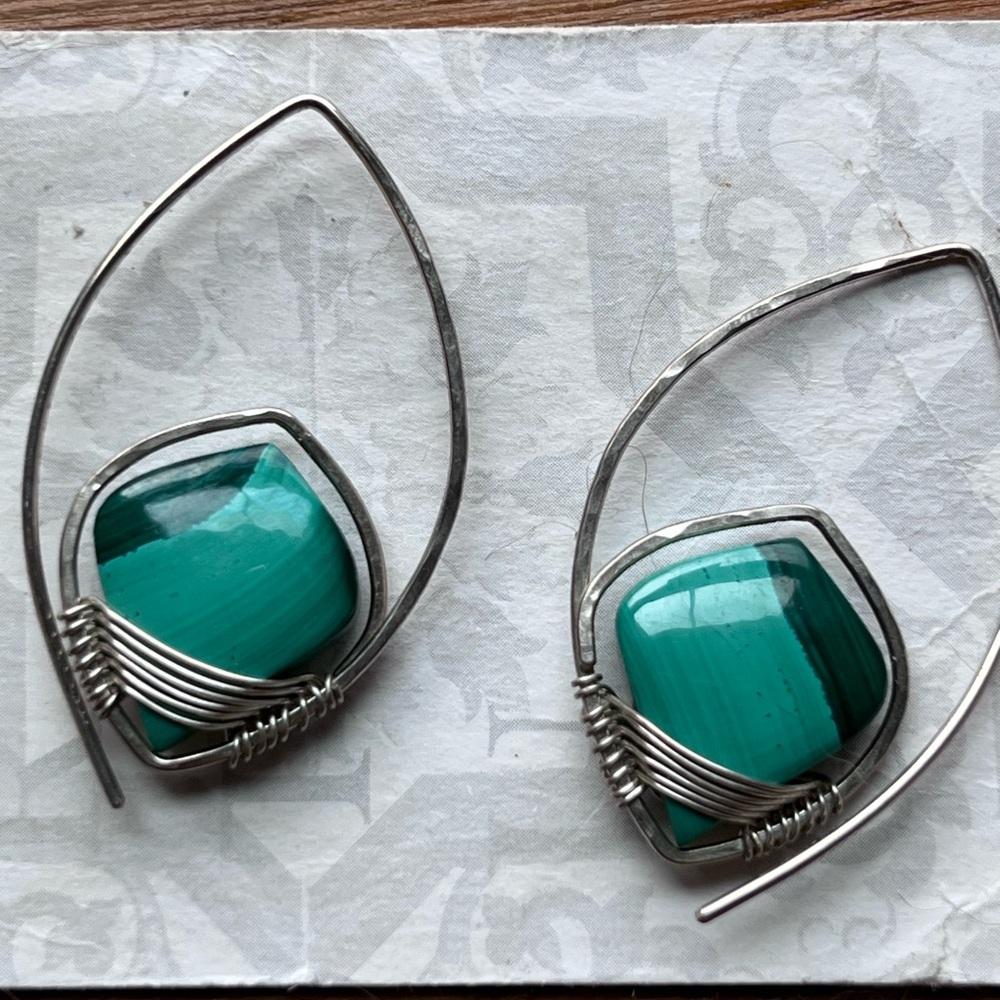 Malachite and sterling Teardrop Wire-Wrapped Drop Earrings